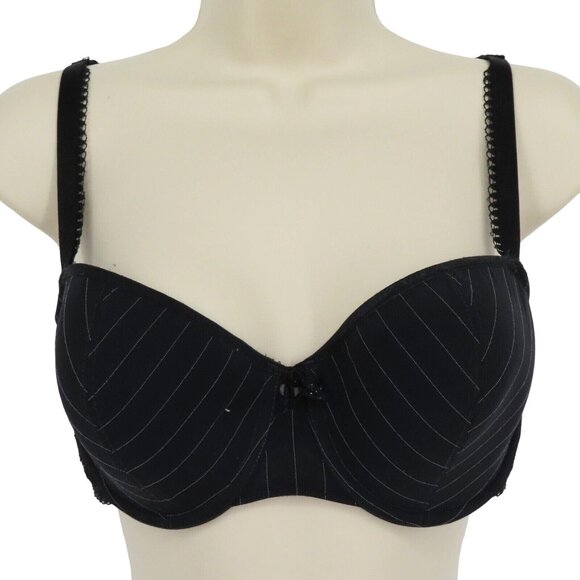 Chantelle 38C Black Pinstripe Striped Lace Trim Underwire Lined Bra Balconette - Picture 1 of 14
